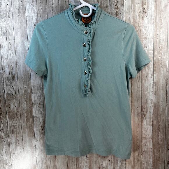 Tory Burch Lidia Polo Shirt Womens M Sage Green 1/4 Button Ruffle Mock Neck - Picture 1 of 7